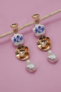 BLUE CERAMIC PORCELAIN  GOLD PEARL DROP EARRINGS | Gold