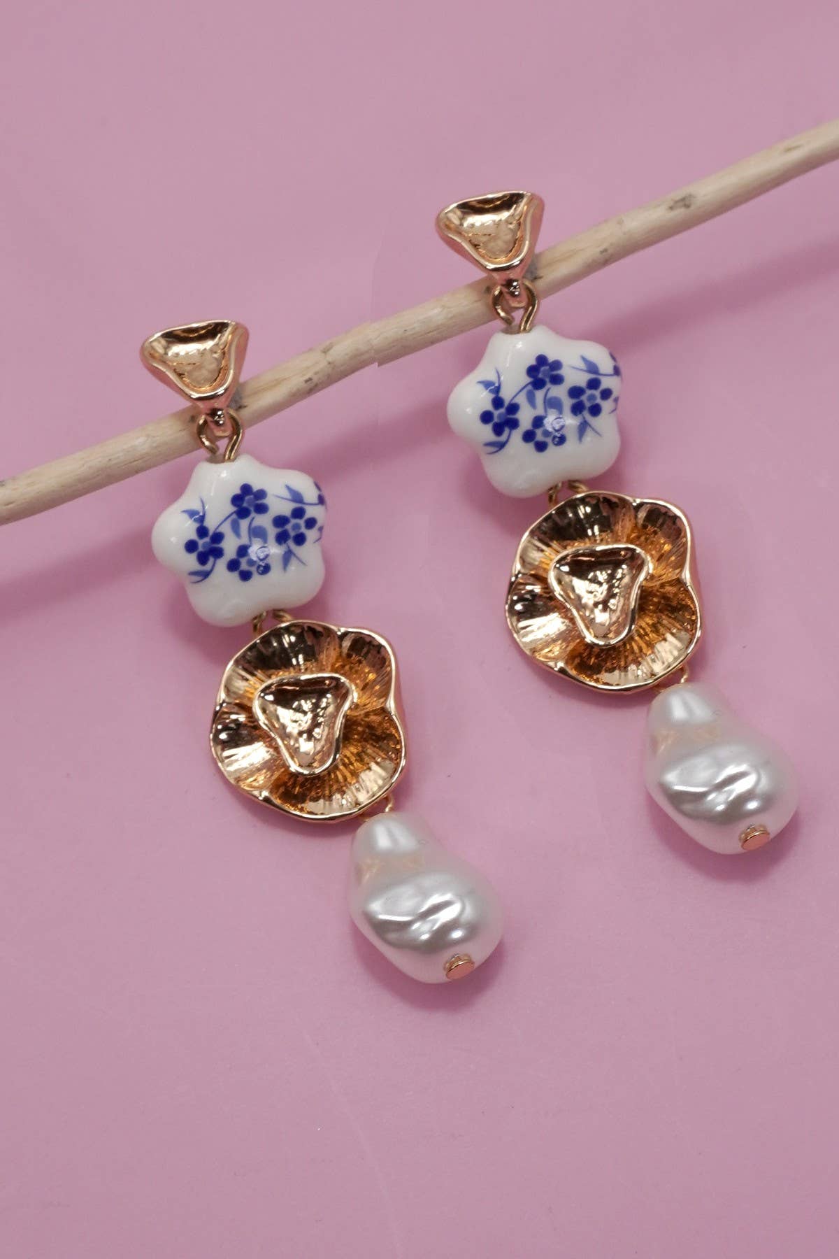 BLUE CERAMIC PORCELAIN  GOLD PEARL DROP EARRINGS | Gold