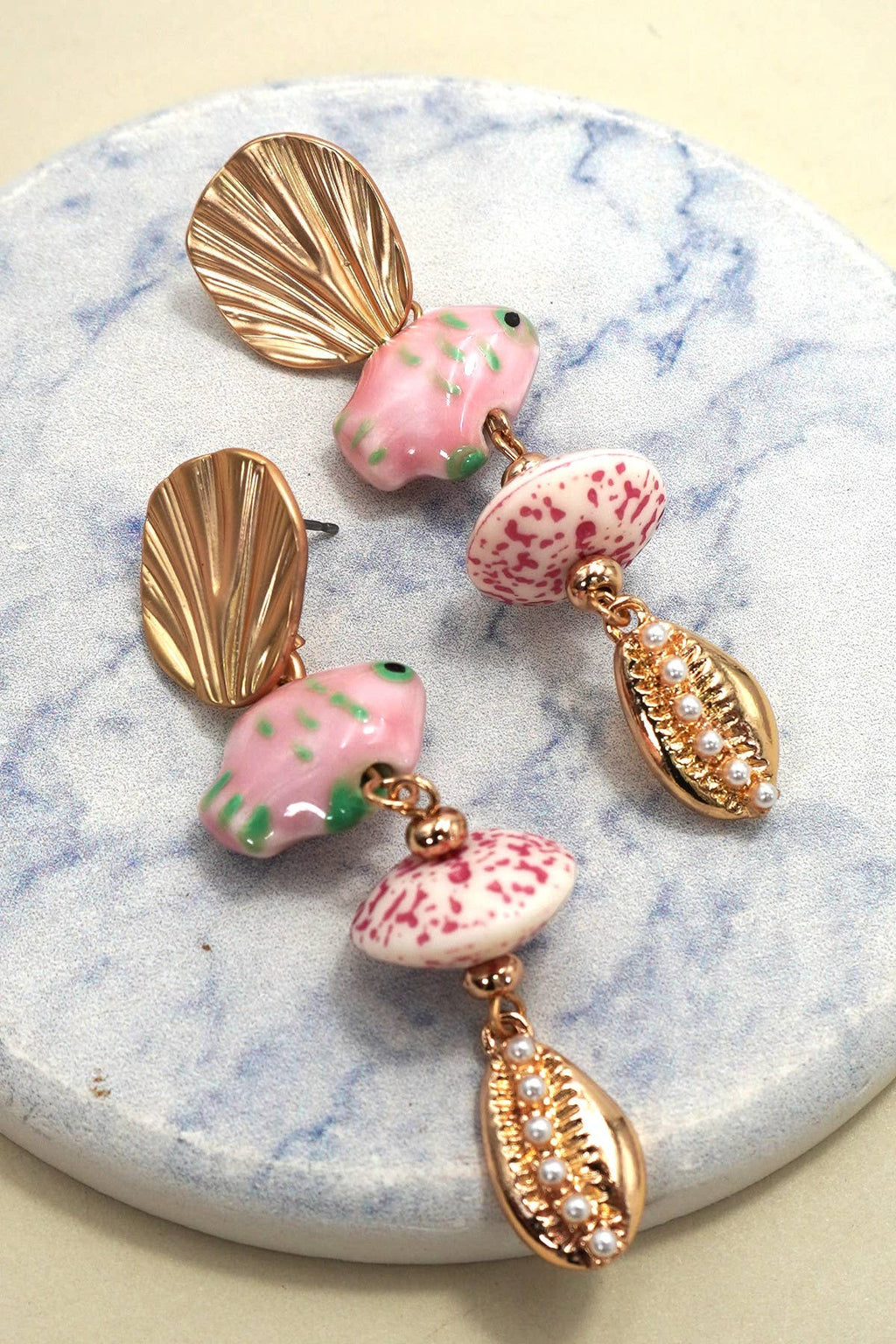 PINK CERAMIC PORCELAIN FISH DROP EARRINGS | GOLD