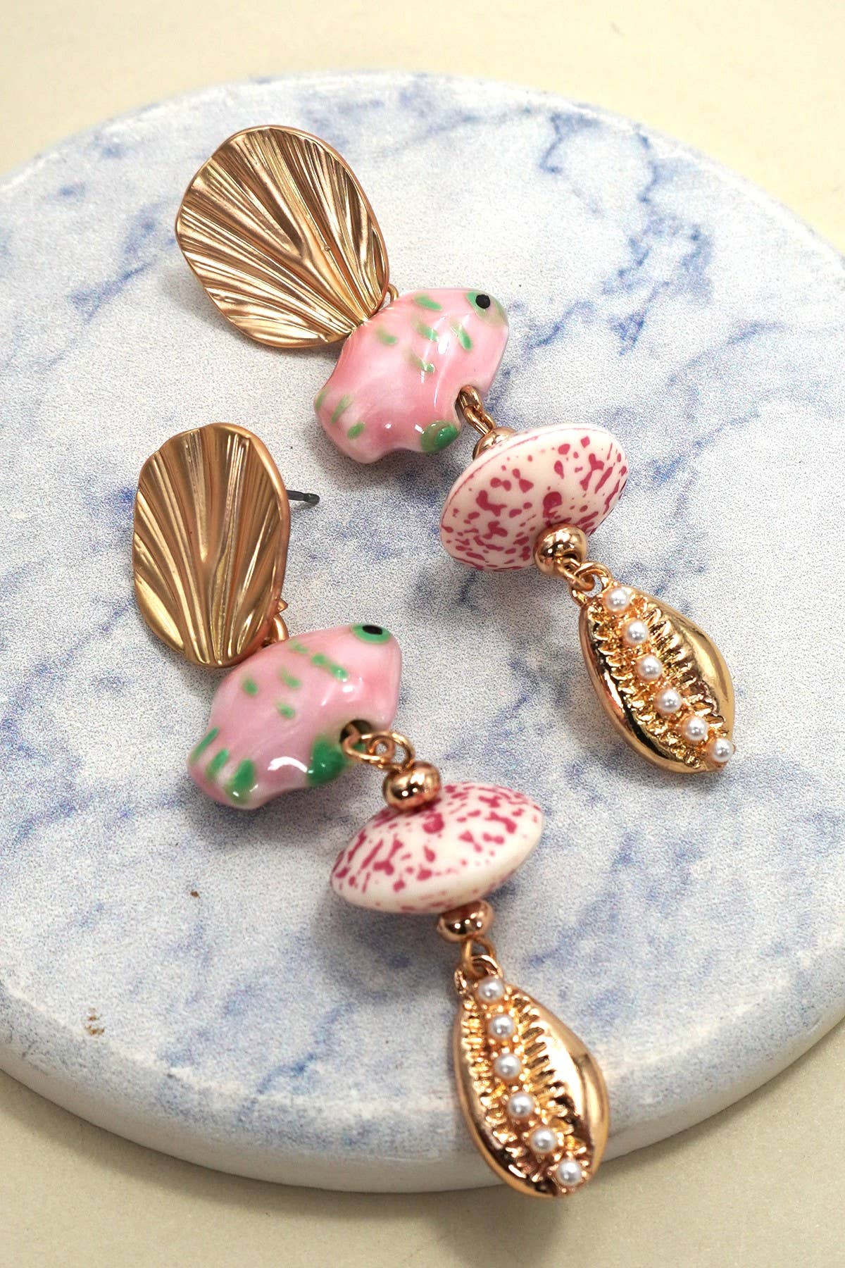PINK CERAMIC PORCELAIN FISH DROP EARRINGS | GOLD