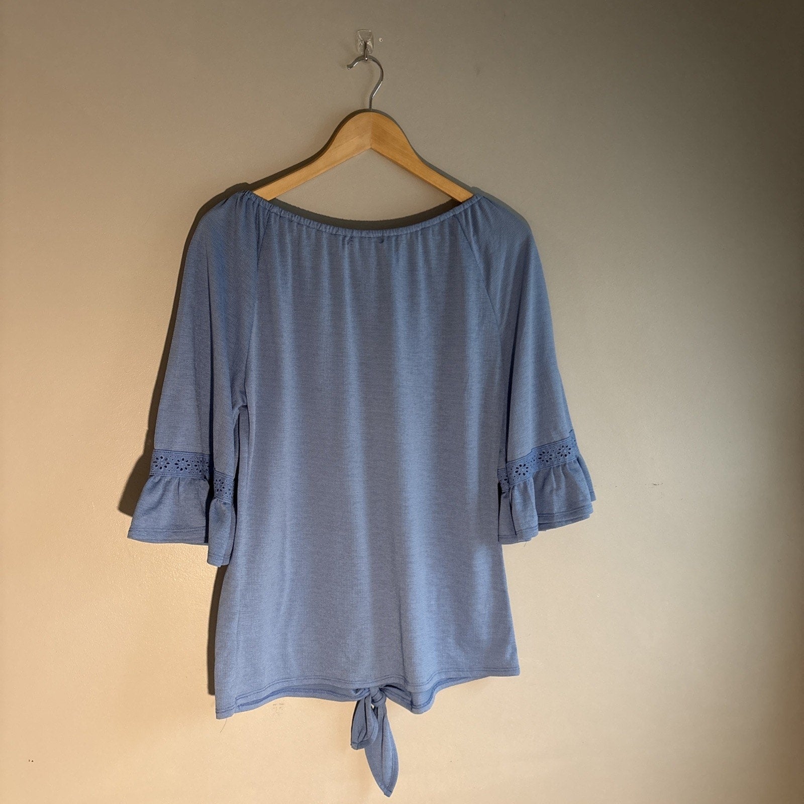 Blue Women’s Blouse Tie Front Ruffle Sleeves 3/4 Size L Free Shipping
