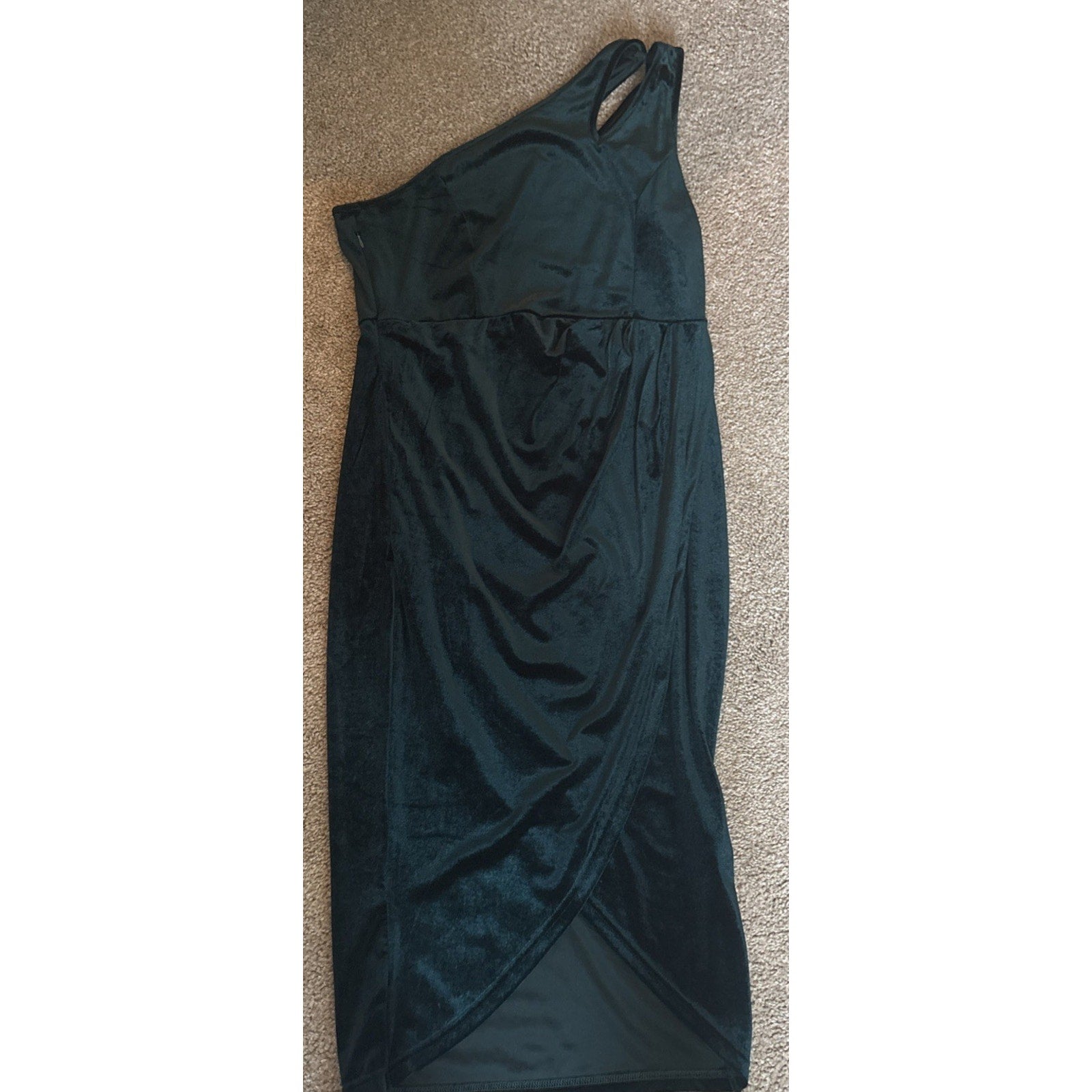 MEROKEETY One Shoulder Ruched Bodycon Velvet-like Holiday Green Dress Slit LG
