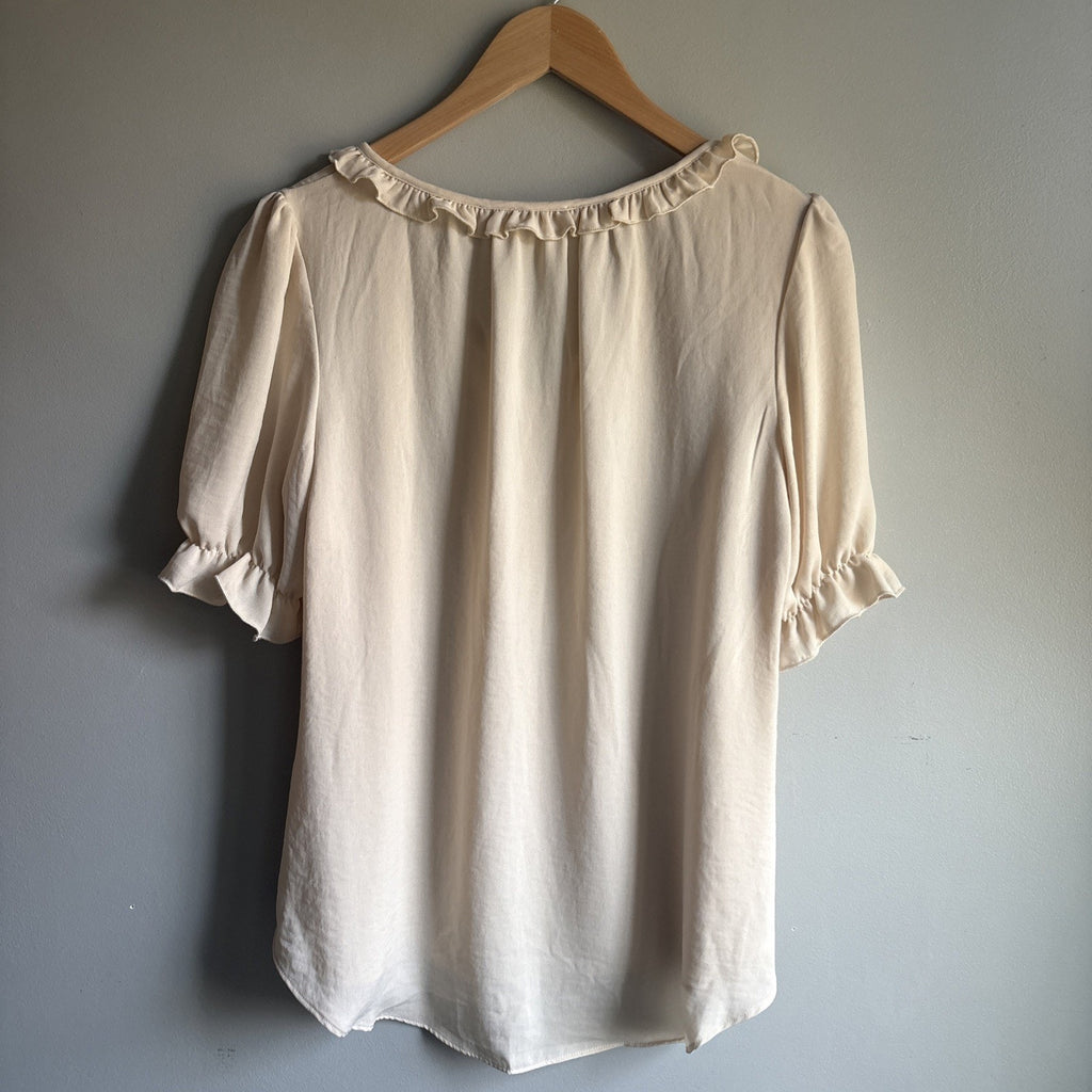 Tamara H. Womens V-neck ivory cream Ruffle Blouse Pink Size M