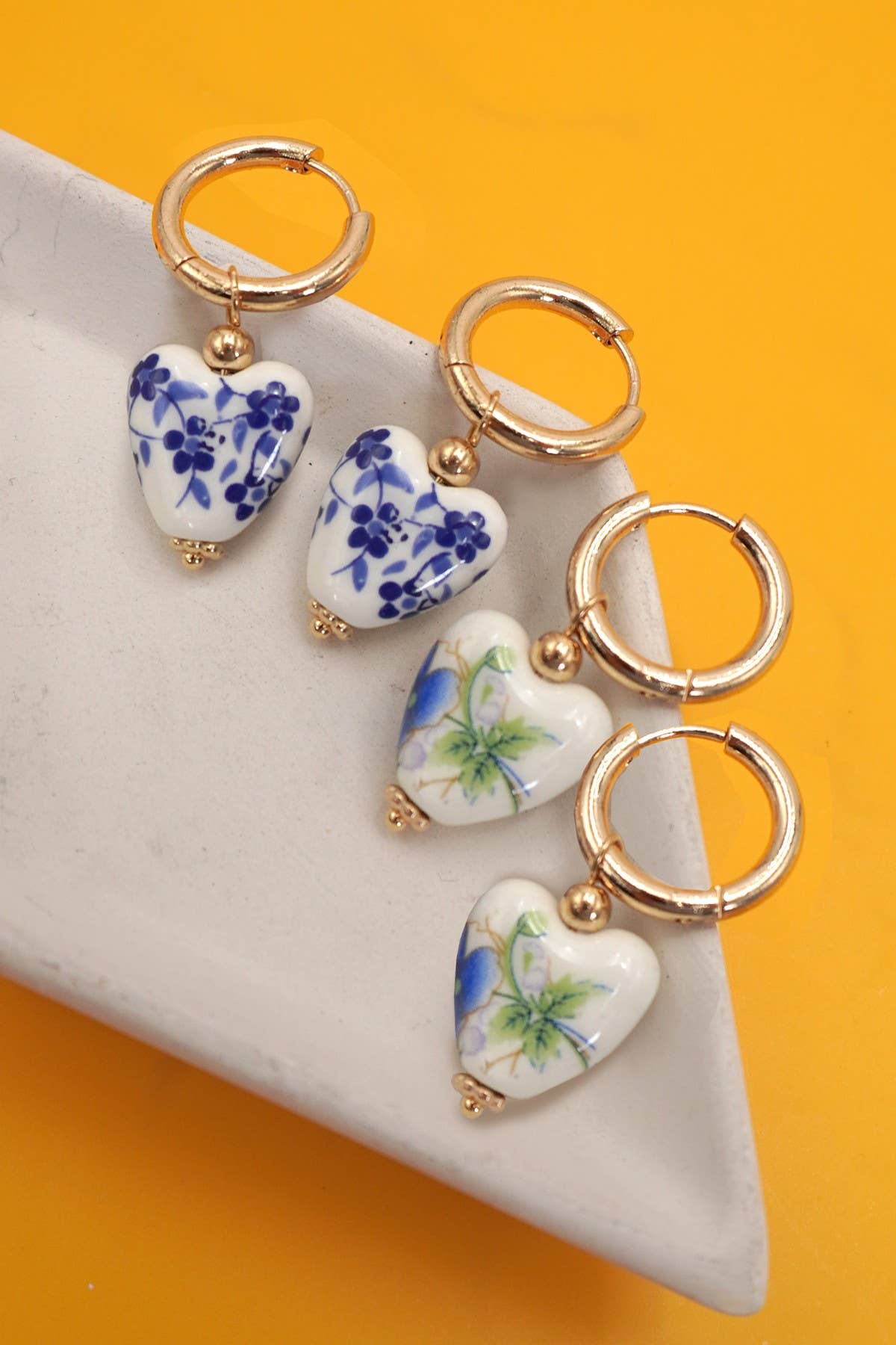 BLUE CERAMIC PORCELAIN  GOLD PEARL DROP EARRINGS