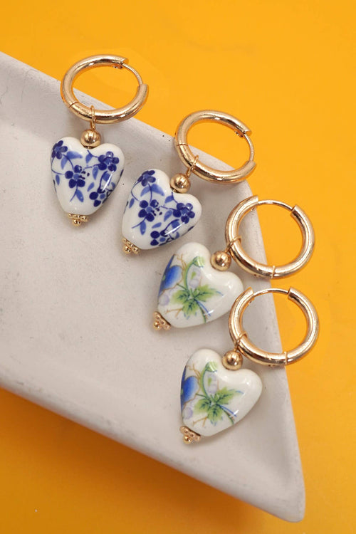 BLUE CERAMIC PORCELAIN  GOLD PEARL DROP EARRINGS