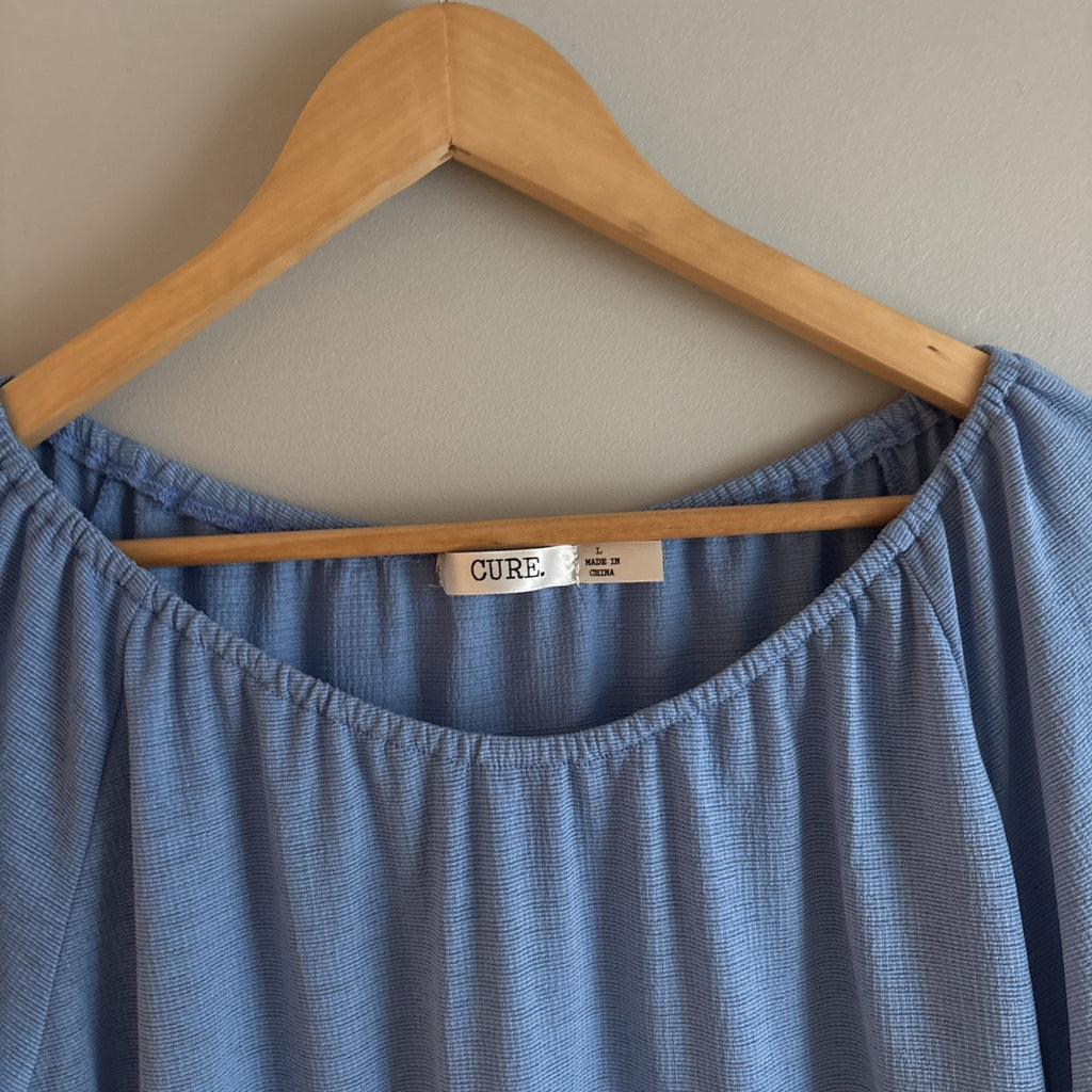 Blue Women’s Blouse Tie Front Ruffle Sleeves 3/4 Size L Free Shipping