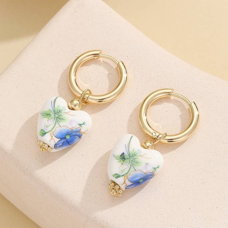 BLUE CERAMIC PORCELAIN  GOLD PEARL DROP EARRINGS