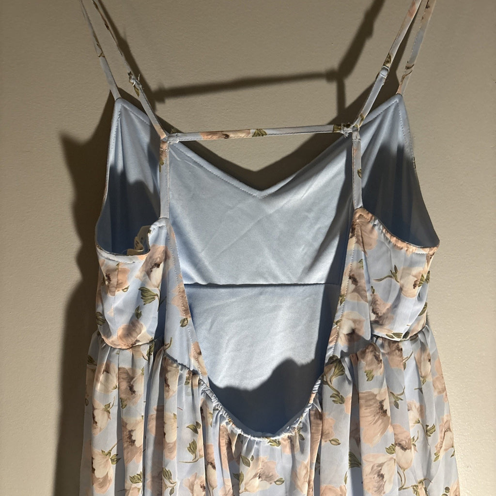 Light Blue & Blush Floral Mini Baby Doll Dress Sz S Open Back Spaghetti Strap