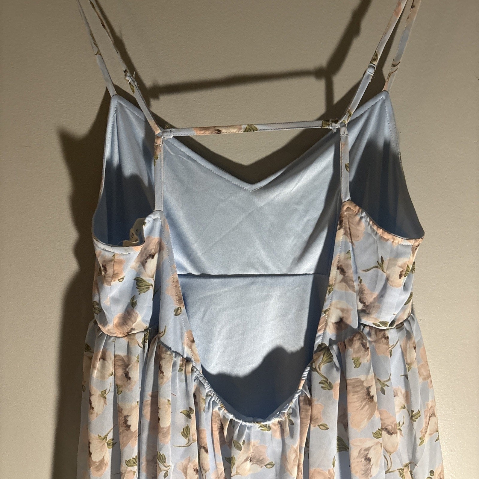 Light Blue & Blush Floral Mini Baby Doll Dress Sz S Open Back Spaghetti Strap