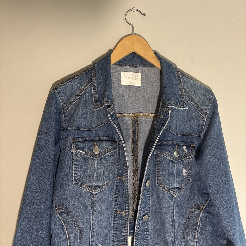TINSEL TOWN Women's Distressed Western Denim Blue Jean Jacket M