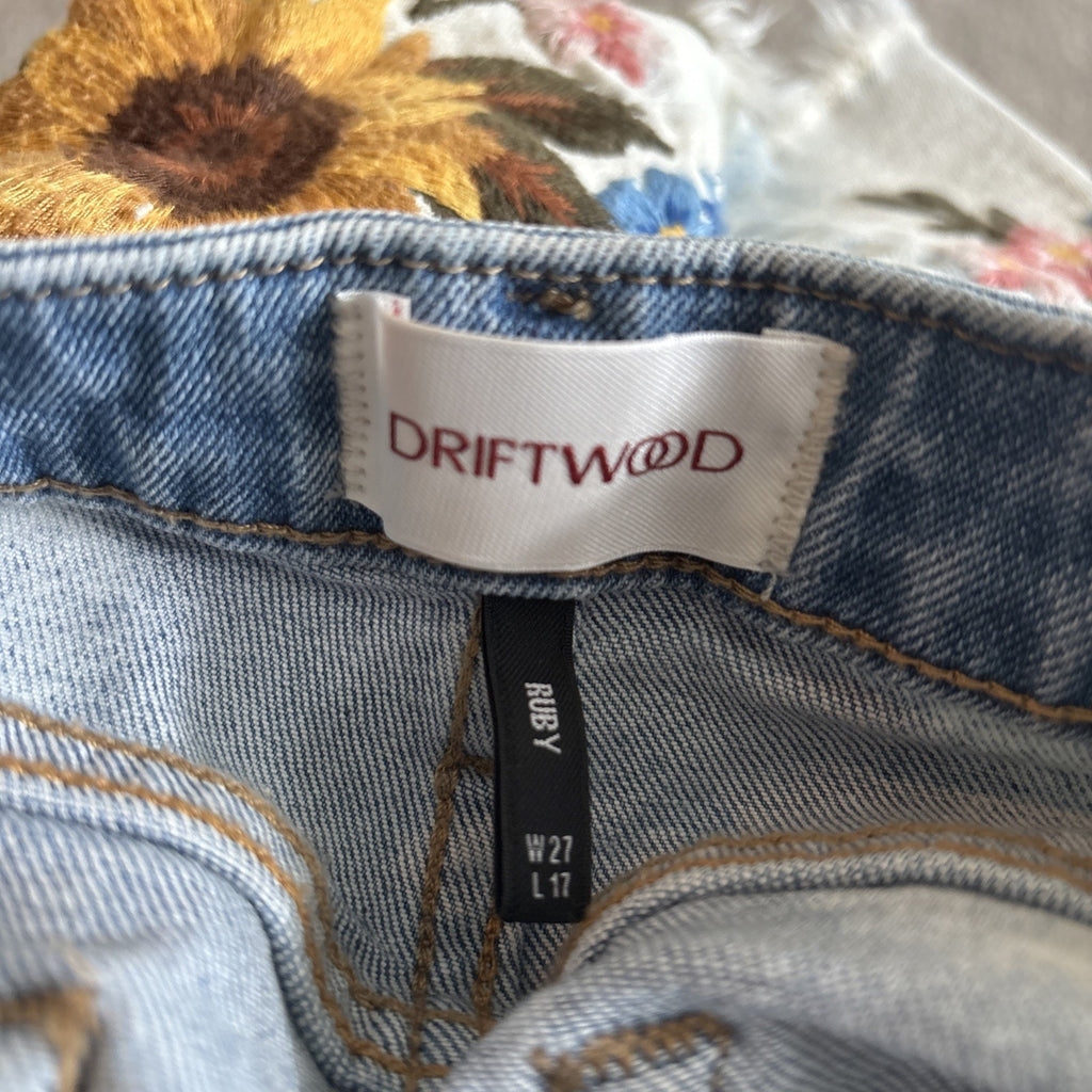 Driftwood Ruby Blue Denim Embroidered mini skirt sz 27 Free People Anthroplogie
